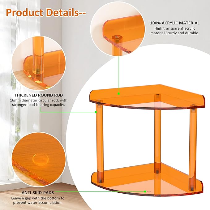2 Tier Countertop Corner Organizer Shelf 7x7x8 Inch, Orange Acrylic Bathroom Corner Shelf for Countertop, Vanity Storage for Skincare, Cosmetics, Perfume-NeatNest