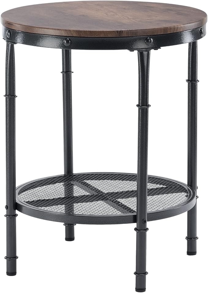 VINGLI 20" Side Table, Round End Tables Living Room, Industrial Small End Table with Metal Mesh, Rustic Farmhouse Side Tables for Bedroom, Office, Corner, Walnut