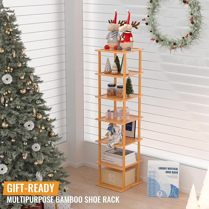 Bamboo Free Standing Shoe Rack Shelf Multi Tier Tall Wooden Stackable Shoes Rack Organizer for Closet Front Door Entrance Narrow Vertical Shoe Storage Rack for Corner Stand (Bamboo, 7 Tiers)-NeatNest