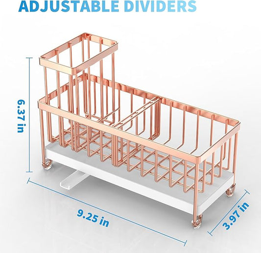 Cisily Rose Gold Sponge Holder for Kitchen Sink, Sink Caddy Organizer with High Brush Holder, Kitchen Countertop Organizers and Storage Essentials, Rustproof 304 Stainless Steel, Soap Dispenser-NeatNest
