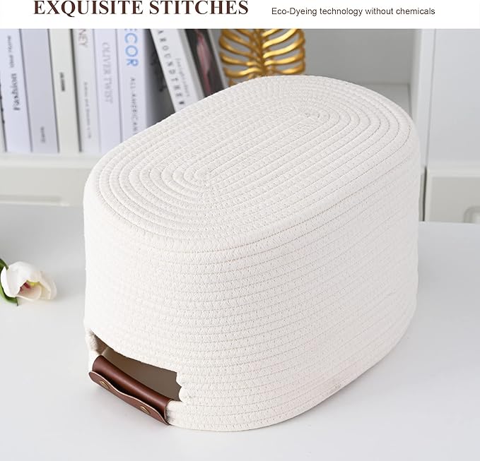 Cotton Rope Basket , Storage Baskets with Handle, 15x10x9 Inch Woven Basket for Shelves, Laundry, Towels, Clothes, Books, Toys (White 1Pack)-NeatNest