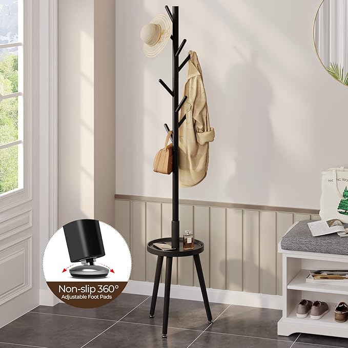 GREENSTELL Coat Rack with 8 Hooks, Wooden Coat Rack Freestanding with Shelf, Coat Tree with 4 Height Options 50.5"-72.6", Coat Hanger Stand for Bags, Clothes, Umbrellas, Hats, in Home, Black-NeatNest