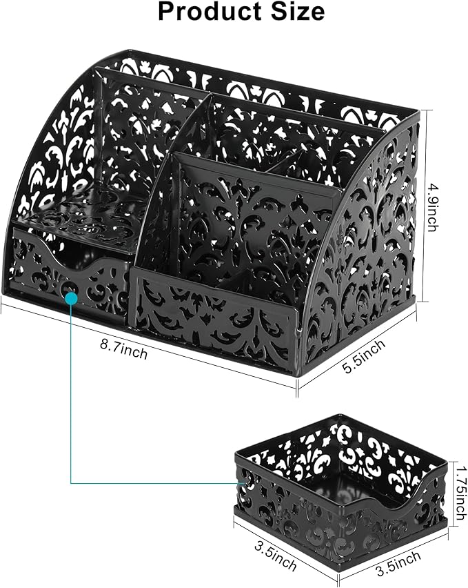 EasyPAG Desk Organizer with Sliding Drawer - 6 Compartments Metal Desktop Caddy, Decorative Elegant Hollow Flower Design, Anti-Scratch Pads for Home, Office, School, Black-NeatNest