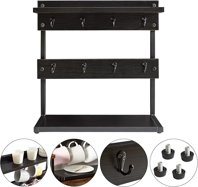 IBUYKE Rustic Coffee Mug Holder Stand, 2 Tier Countertop Mug Tree Holder Rack with Storage Base, Vintage Mug Holders for Kitchen, Holds 8 Mugs, Black UTBJ002B-NeatNest