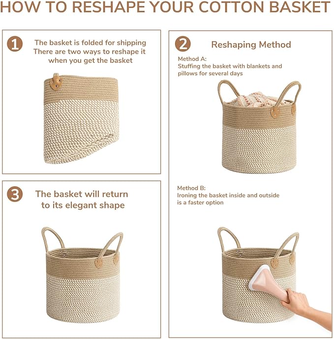 CHICVITA Large Wicker Jute Woven Storage Basket with Handles – Blanket Laundry Basket for Toys Towels Home Decor, White, 14" x 14" x 12"-NeatNest