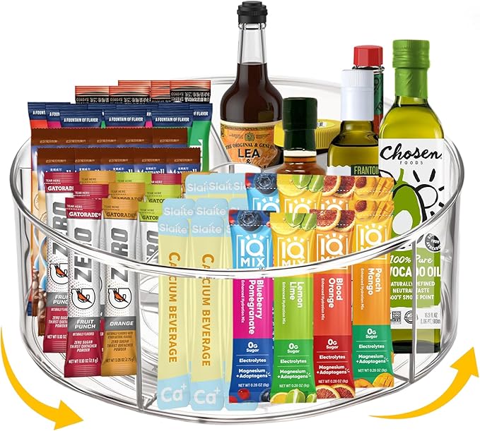 Clear Acrylic Drink Packet Organizer 11.7" x 11.7" x 4.5", 360° Rotating Carousel Lazy Susan Storage Bins Turntable 5-Compartment Dividers for Kitchen Fridge Pantry Powdered Drinks Water Snacks-NeatNest