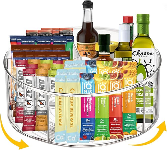 Clear Acrylic Drink Packet Organizer 11.7" x 11.7" x 4.5", 360° Rotating Carousel Lazy Susan Storage Bins Turntable 5-Compartment Dividers for Kitchen Fridge Pantry Powdered Drinks Water Snacks-NeatNest