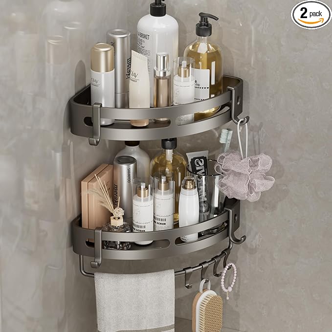 Adhesive Shower Corner Caddy，Heavy Duty Shower Corner Shelves Rack with 8 Hooks and 1 Towel Bar，Rustproof Bathroom Organizer No Drilling Wall Mounted(2 Pack-Gunmetal)