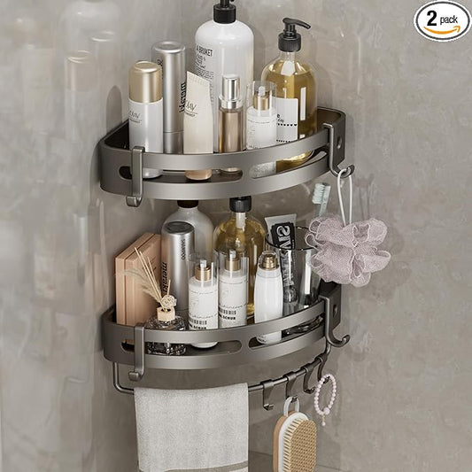 Adhesive Shower Corner Caddy，Heavy Duty Shower Corner Shelves Rack with 8 Hooks and 1 Towel Bar，Rustproof Bathroom Organizer No Drilling Wall Mounted(2 Pack-Gunmetal)