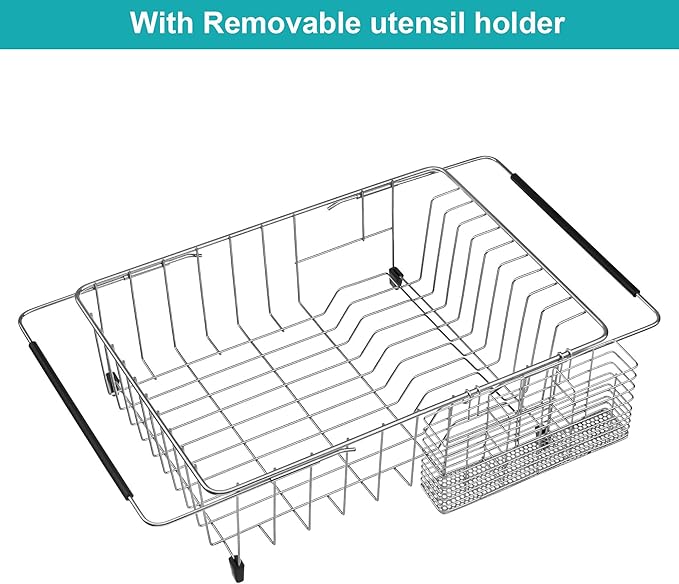 iPEGTOP Expandable Dish Drying Rack in Sink or Over Sink, Rustproof Stainless Steel Dish Drying Rack Basket Shelf, Multifunctional Dish Drainer Inside Sink Organizer with Utensil Cutlery Holder