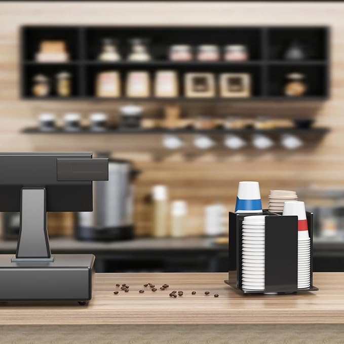 Cup and Lid Holder, 4 Compartment, Square | Rotating Coffee Cup Dispenser Lid Carousel for Restaurant, Buffet, Coffee Station, Bar, Countertop, Black Acrylic-NeatNest