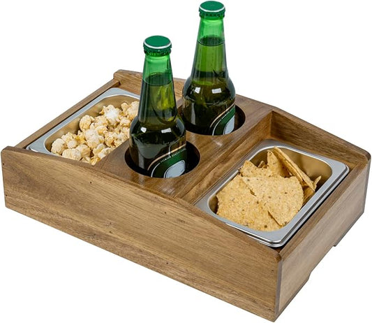 MyGift Cup Holder Tray and Couch Snack Caddy, Premium Solid Acacia Wood Sofa Beverage Drink and Snack Server with 2 Removable Metal Trays-NeatNest