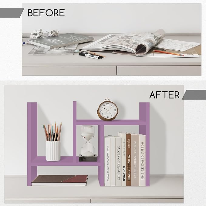 Jerry & Maggie Desktop Organizer Office Storage Rack Adjustable Wood Display Shelf Free Style Double H, Multi-Functional Mini Bookshelf for Desk Natural Stand (Violet)-NeatNest