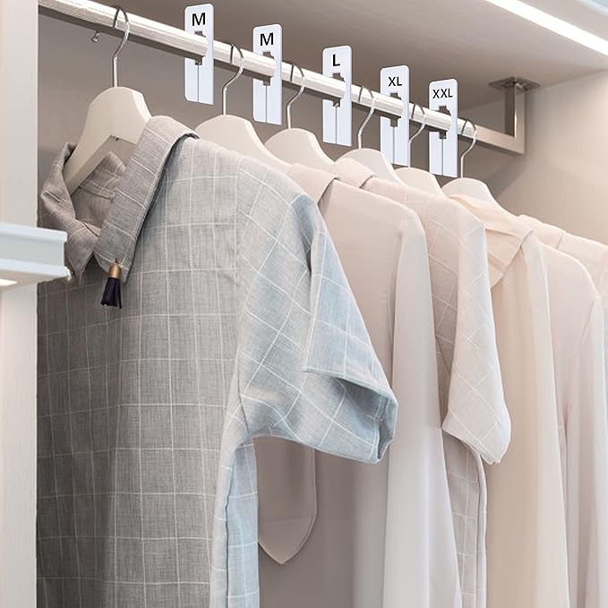 40 Pack Rectangular White Plastic Clothing Size Closet Rack Dividers Hangers, Preprinted in 8 Sizes XXS, XS, S, M, L, XL, XXL, XXXL (2.5”x 5”, Inner Diameter 1.38”)-NeatNest
