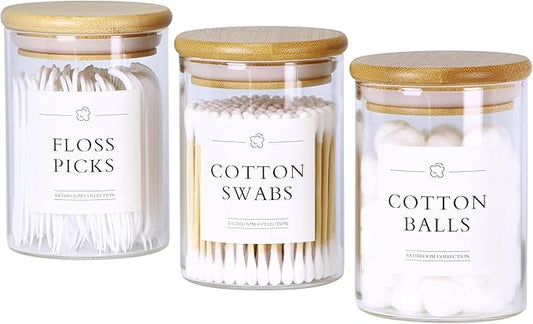 3 Pack Qtip Holder Dispenser - Glass Apothecary Jars with Lids, Cotton Ball Pad Swab Round Holder, Bamboo Bathroom Accessories, Bathroom Organizers Containers Jars Canisters with Lids-NeatNest