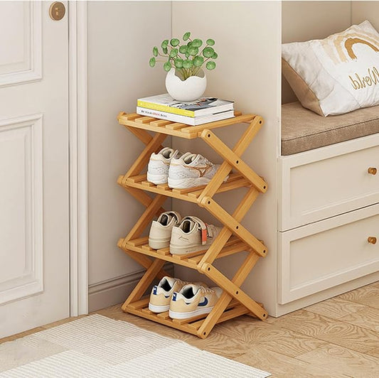 Shoe Rack, Bamboo Foldable Shoes Organizer Free Standing Shelf for Entryway, Closet, Bedroom, Hallway, | Natural | Functional | Multifunctional Shoe Rack (Wood Color) 4 Layers-NeatNest