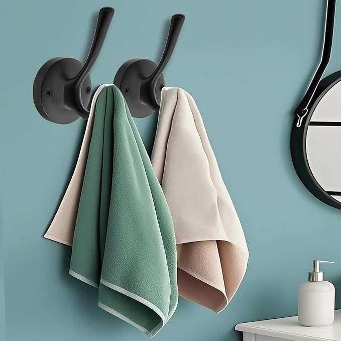 Black Towel Hooks, 2 Pack Coat Robe Hook Heavy Duty Metal Double Bathrobe Hook Wall Mounted, Hand Towels Hooks for Cubicle Bathroom Kitchen Closet Garage-NeatNest