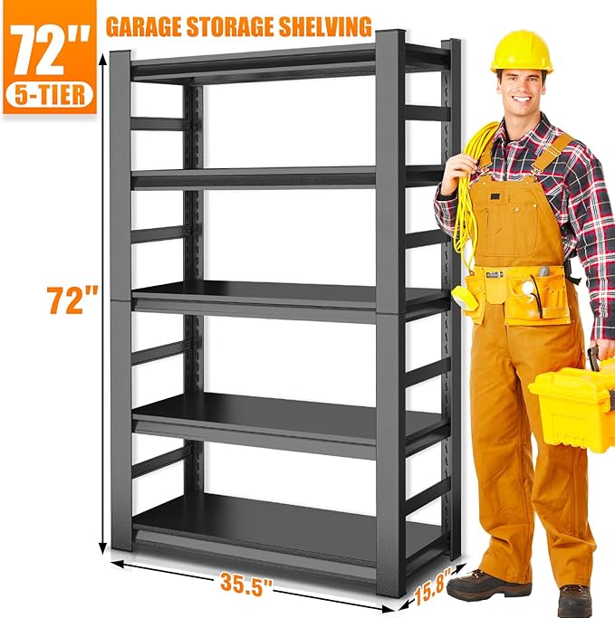72" H Garage Shelving 3000LBS Heavy Duty Shelving Units and Storage Shelves Adjustable 5 Tier Metal Industrial Shelving for Kitchen,Utility Room and Basement,Black (16" D*36" W*72" H)