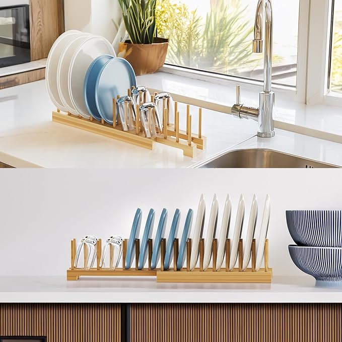 Bamboo Dish Rack - Expandable Plate Rack & Dish Drying Rack for Kitchen Cabinet Storage, Adjustable Multi-Functional Design Organizer for Plates, Bowls, Cups, Pots, Cutting Boards (Natural Bamboo)