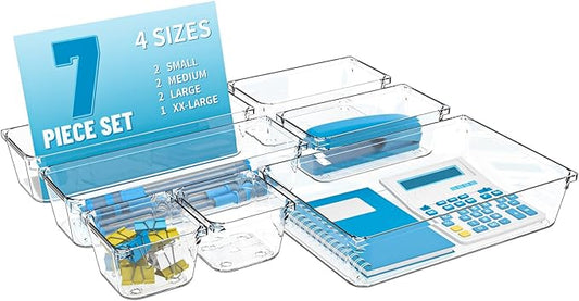 7 Pack Clear Plastic Drawer Organizer Set,4 Sizes Bathroom Drawer Organizers and Storage Bins,Vanity Drawer Organizer for Makeup,Cosmetics,Jewelry,Utensils,Gadgets,Office In Drawer Organizers Trays-NeatNest