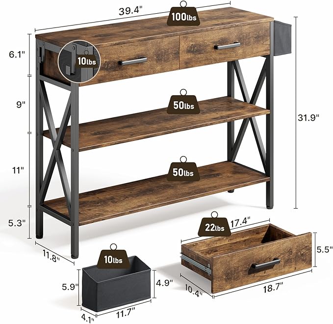 Gizoon 39" Entryway Table with 2 Drawers and 3 Tier Storage Shelves, Industrial Narrow Long Sofa Table, Farmhouse Style Console Table for Living Room, Hallway, Couch, Small Spaces - Rustic Brown-NeatNest