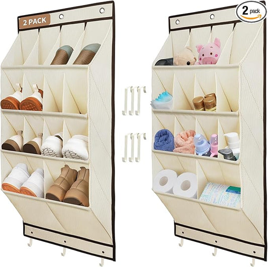 FENTEC 2 Pack Over the Door Shoe Organizer, Hanging Shoe Organizer, 28 Large Deep Pockets Door Shoe Rack with 6 Hooks Shoe Organizer for Shoes, Sneakers, and Home Accessories, Beige-NeatNest