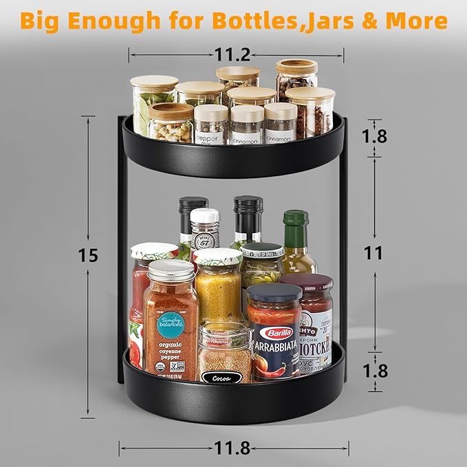 2 Tier Metal Lazy Susan Organizer, 12 Inch Rotating Turntable Double Lazy Susans for Cabinet Kitchen Bathroom, Anti-Rust Two Tiered Spinner Tray Carousel Organizer for Spice Rack Countertop Black-NeatNest