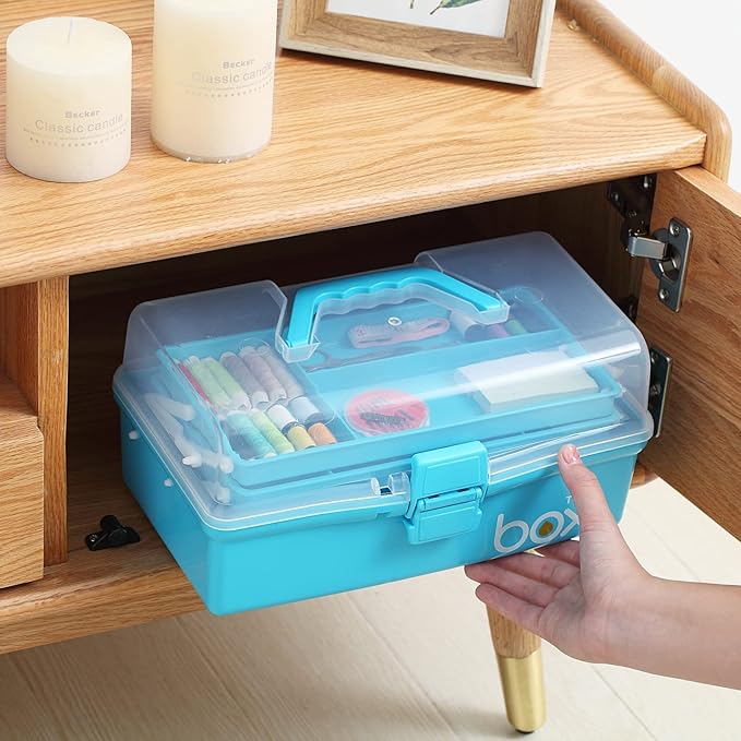 12'' Three-Layer Clear Art Box Organizer, Multipurpose Plastic Craft Box with Handle (Blue)