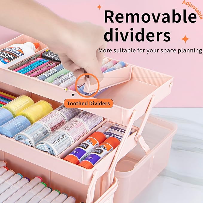 12.5in 3-Layer Multipurpose Craft Organizers and Storage with Adjustable Dividers, Portable Tackle Box, Folding Art & Craft Case for Medicine, Tool, Sewing Organizer (Pink)