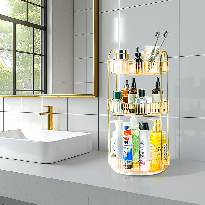 360 Rotating Makeup Organizer - Large Capacity Spinning Perfume & Cosmetic Skincare Holder for Vanity & Countertop (Vibrant Orange, 3 Tier)-NeatNest