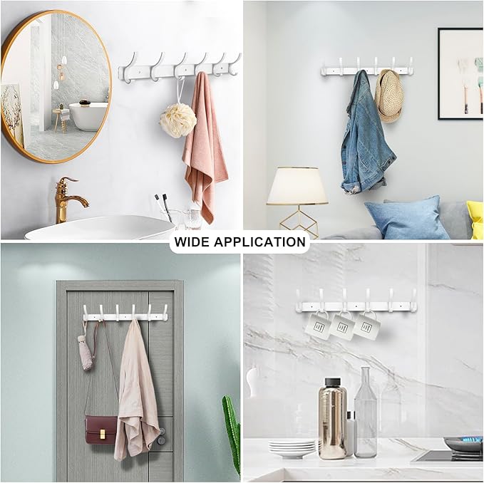 Coat Rack Wall Mounted,6 Coat Hooks for Hanging Coats,Heavy Duty Metal Double Hook Rack Hook Rail,Coat Rack with Hooks,Wall Mount Coat Hanger for Hat Towel Purse Robes (2 Pack White, 6 Hooks)-NeatNest