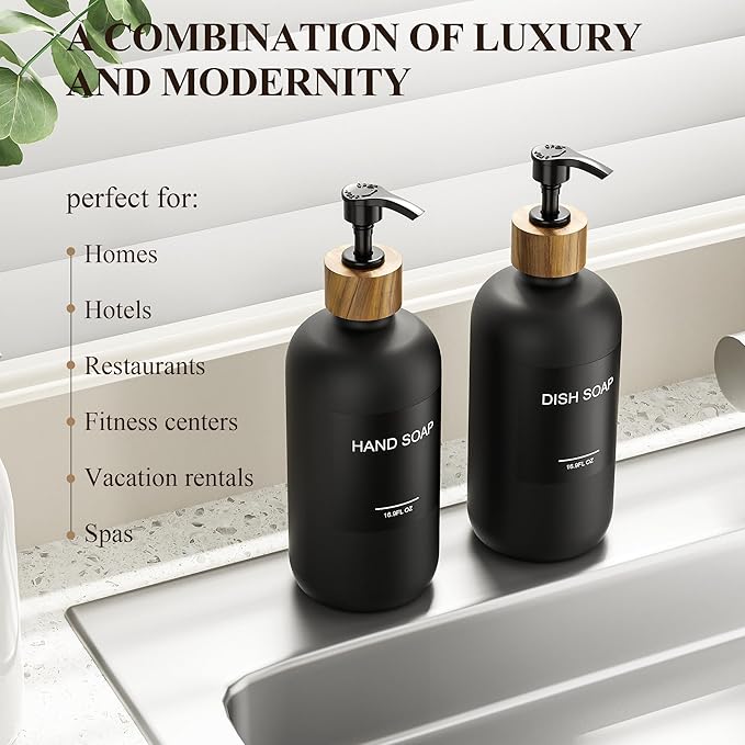 Cisily 2 Pack Black Kitchen Soap Dispenser Set with Wooden Pump, Dish and Hand Soap Lotion Dispenser Set with 6 Waterproof Stickers for Kitchen and Bathroom Decor for Counter, Modern Vintage Liquid-NeatNest