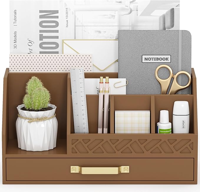 Bamboo Desk Organizer with Drawers, Mail Organizer Countertop Wood Desk Drawer Tabletop Storage Organization Pen Holder Letter Sorter Makeup Organizer for School Home Office (Brown)-NeatNest