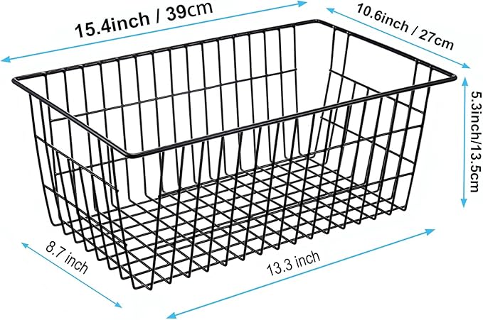 iPEGTOP Wire Storage Freezer Baskets, Set of 6 Large 15.4" Farmhouse Organizer Storage Bins Fridge Basket Rack with Handles for Kitchen Cabinets, Pantry, Office, Bathroom Organization - Black