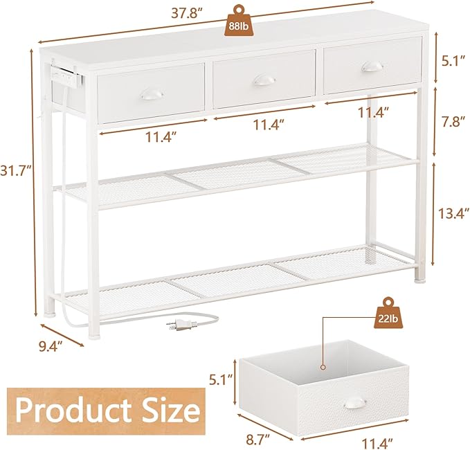 Furologee 38in Console Table with 3 Drawers, Small Sofa Table with Lights and Power Outlets, Hallway Tables with 3-Tier Shelves, White Narrow Console Table for Entryway, Living Room, Couch, Foyer-NeatNest