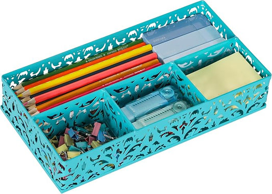 EasyPAG Desk Drawer Organizer with 4 Compartments, Carved Hollow Floral Metal Tray for Office, Jewelry, Cosmetics - No Assembly, Dark Teal-NeatNest