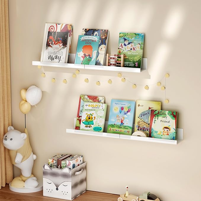 12" White Acrylic Floating Shelves, 4 Pack with Cable Clips, Book Shelf for Expand Display Space, Acrylic Organizers for Living Room, Bathroom, Gaming Room, Dorm Wall Decor-NeatNest