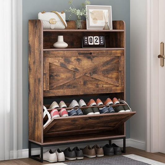 Shoe Cabinet, Freestanding Tipping Bucket Shoe Storage Cabinet with 2 Flip Drawers, Entryway Shoe Rack with Storage Top Cubby, Narrow Slim Hidden Shoe Organizer with Doors (Brown)-NeatNest