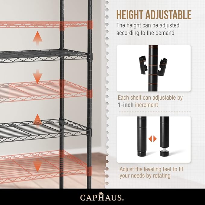 CAPHAUS NSF Adjustable Height Wire Shelving Unit w/Liner, Basement Storage Shelving, Metal Steel Storage Shelves, Garage Shelving Storage Organizer, Utility Shelf, 4-Tier No Wheels W/Liners, Black-NeatNest