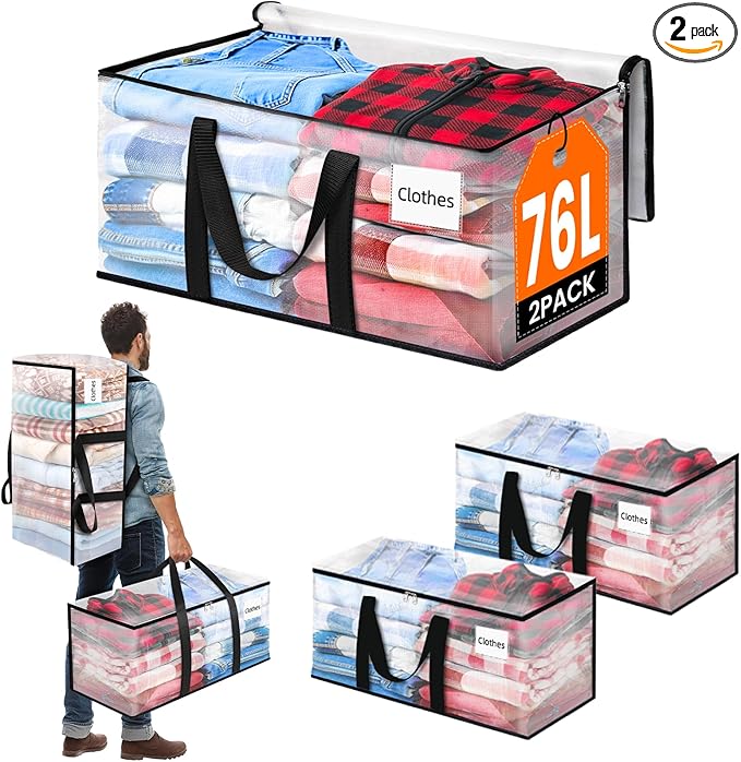 BlissTotes 2-Pack Large Moving Bags with Backpack Straps & Strong Zippers, Heavy-Duty Storage Bags Moving Boxes for Space Saving, Dorms, Transport, 76L-20 Gallons, Clear-NeatNest