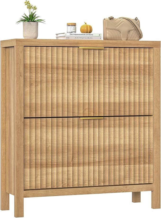 Shoe Cabinet Storage for Entryway, Fluted Shoe Cabinet with 2 Flip Drawers, Hidden Shoe Rack Tall Freestanding Shoe Organizer with Legs for Hallway, Wood-NeatNest