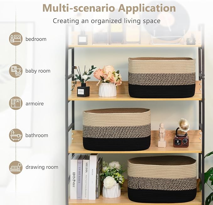 Cotton Rope Storage Basket, 15x10x9 Inches, Woven Basket for Shelves, Clothes, Toys, Towels, Books, and Laundry, Durable and Stylish, Gradient Black/Brown (3 Pack)-NeatNest