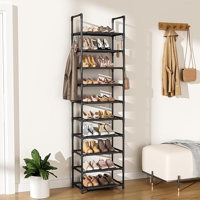 10 Tiers Shoe Rack 20-25 Pairs Large Capacity Tall Shoe Organizer Sturdy Shoe Storage with Two Hooks Metal Narrow Shoe Rack for Closet, Entryway, Bedroom, Black-NeatNest