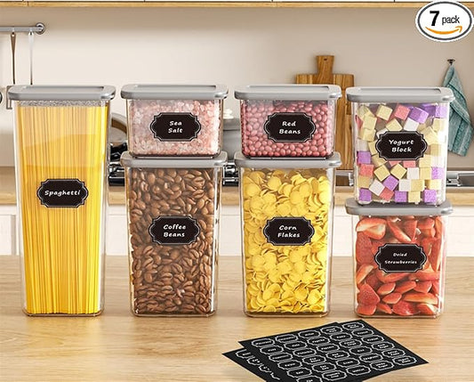 Airtight Food Storage Containers With Lids 7pcs Organization Canisters Kitchen Bpa Free Plastic Pantry Containers Storage Set for Pasta, Cereal, Dry Food, Flour and Sugar-60 Labels