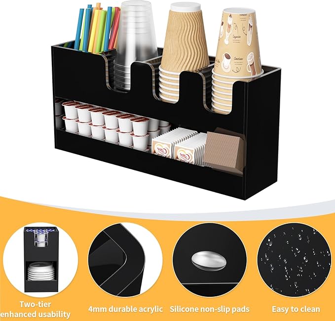 Coffee Condiment and Cup Organizer - 2-Tier Upright Cup and Lid Holder with Straw Organizer 5 Compartments Black Acrylic Cup Dispenser for Restaurant Breakroom Coffee Station Countertop-NeatNest