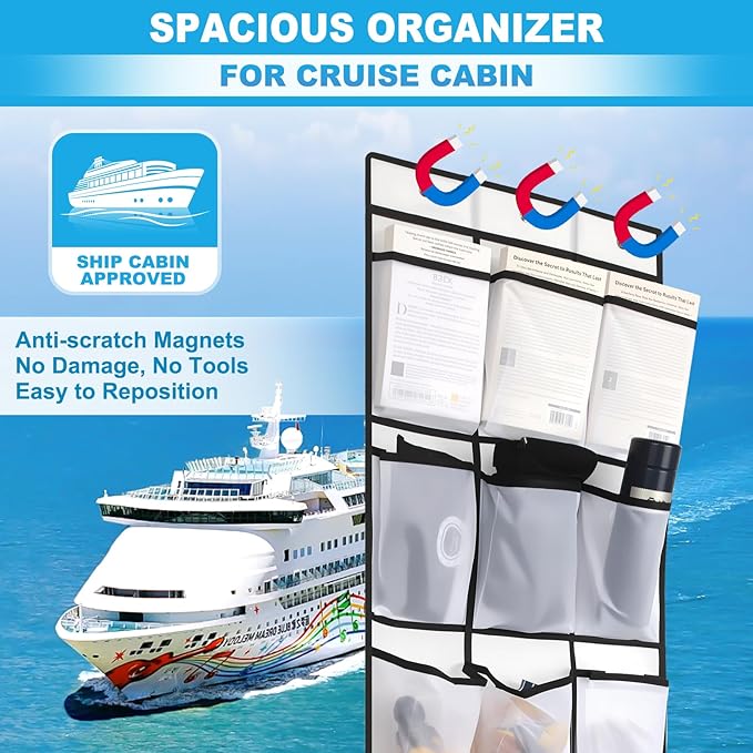 Cruise Magnetic Door Organizer with Hooks – 15 Large Pockets, Strong Anti-Scratch Magnets, Over-the-Door Cruise Essentials Storage for Cruise Cabins-NeatNest