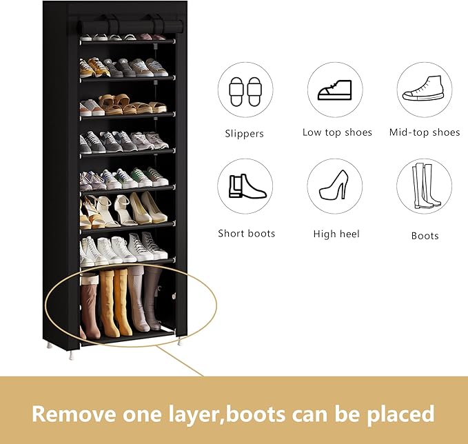 Calmootey 9 Tier Shoe Rack Organizer,Portable Shoe Shelf with Nonwoven Fabric Cover for Closet Hallway,Bedroom,Entryway,Black-NeatNest