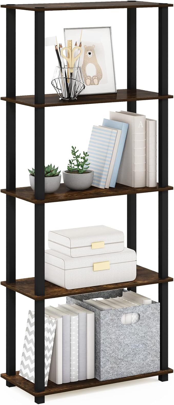 Furinno Turn-S-Tube 5-Tier Multipurpose Shelf Display Rack with Square Tubes, Amber Pine/Black-NeatNest