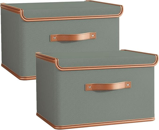 Tuza 2 Pack Storage Bins with Lids, Collapsible Closet Organizer Container, Fabric Organizer Box with Handles, Decorative Storage Boxes with Lids for Organizing Clothes, Blanket, Grey, Large-NeatNest