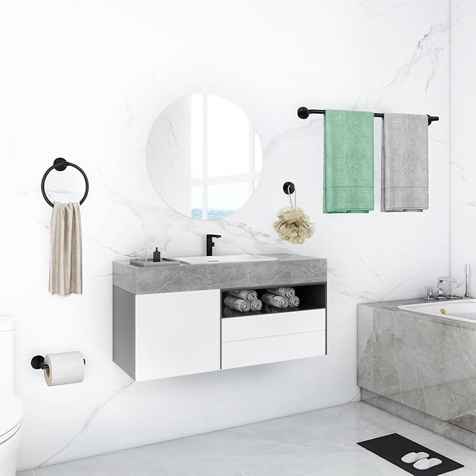 Matte Black Bathroom Hardware Set, VOTZAAQ 24-Inch Towel Bar, Towel Racks for Bathroom, Robe Towel Hanger Hooks, Toilet Paper Holder, Bathroom Accessories Set, 4-Pieces